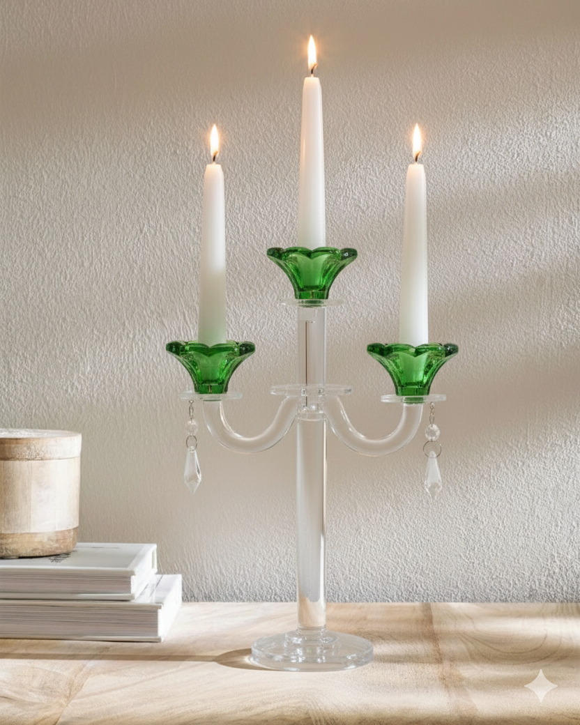 Emerald Radiant 3-Arms Crystal Candle Stand 