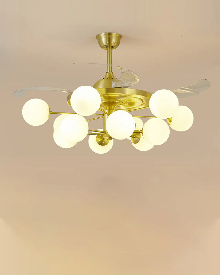 Glass Glob Retractable Ceiling Fan + Chandelier Light (with Remote Control) 