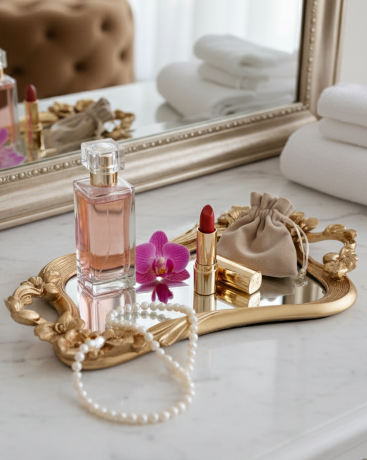 Golden Floral Motif Mirror Tray 