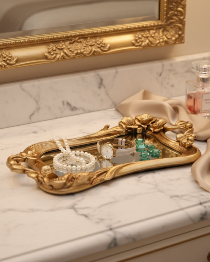 Golden Floral Motif Mirror Tray 