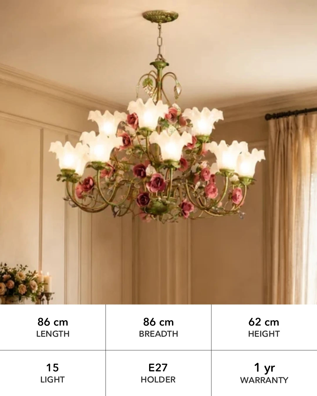 Rose Vine French Floral Chandelier - 15 Lights 