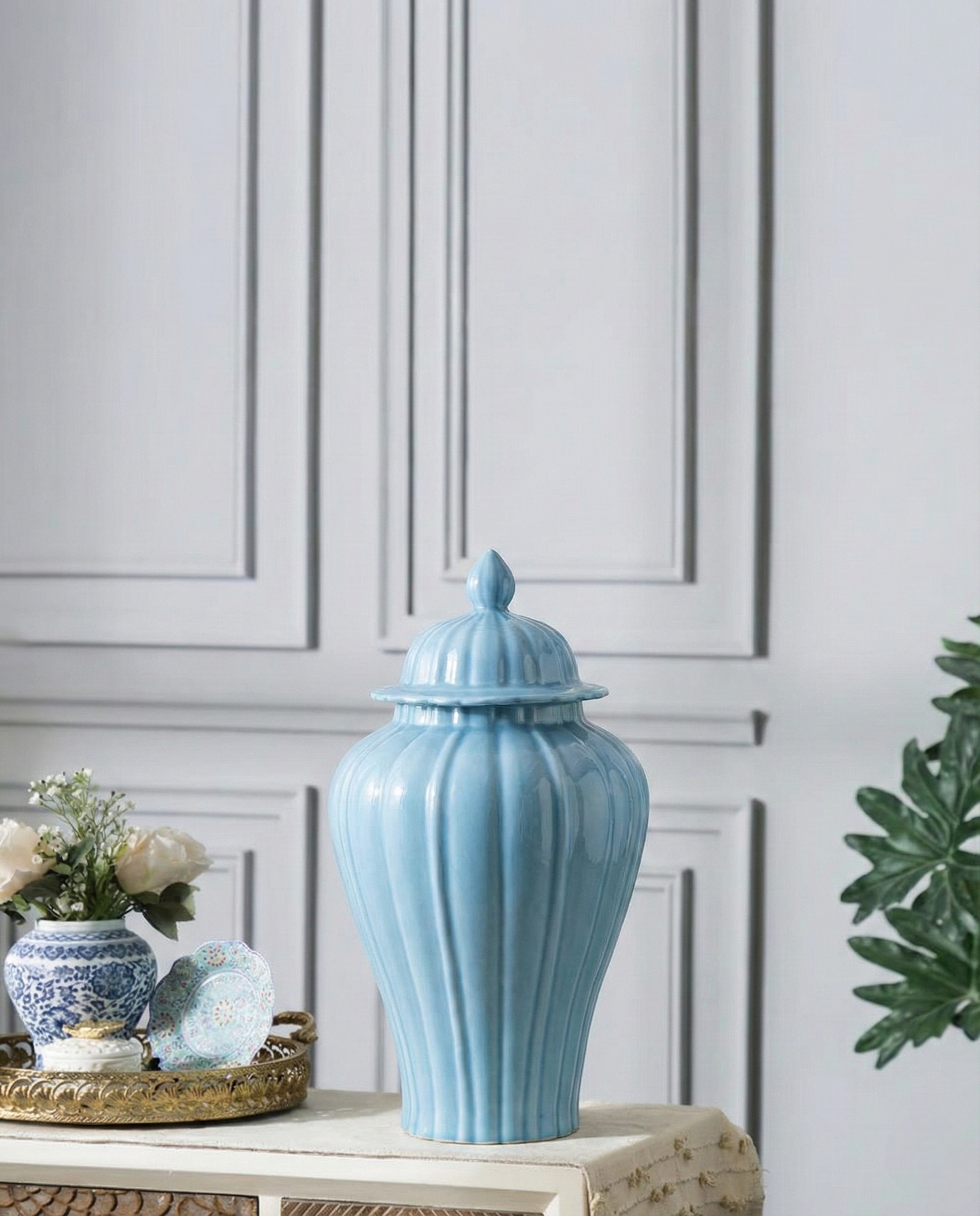 Celestial Blue Celadon Ribbed Temple Jar - 52 cm 