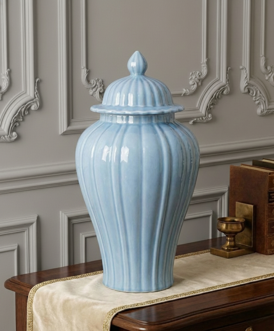 Celestial Blue Celadon Ribbed Temple Jar - 52 cm 