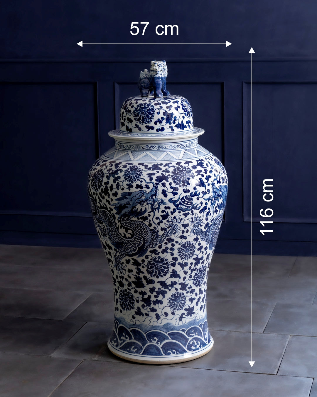 Grand Floral Blue & White Temple Jar with Guardian Lid - 116 CM 