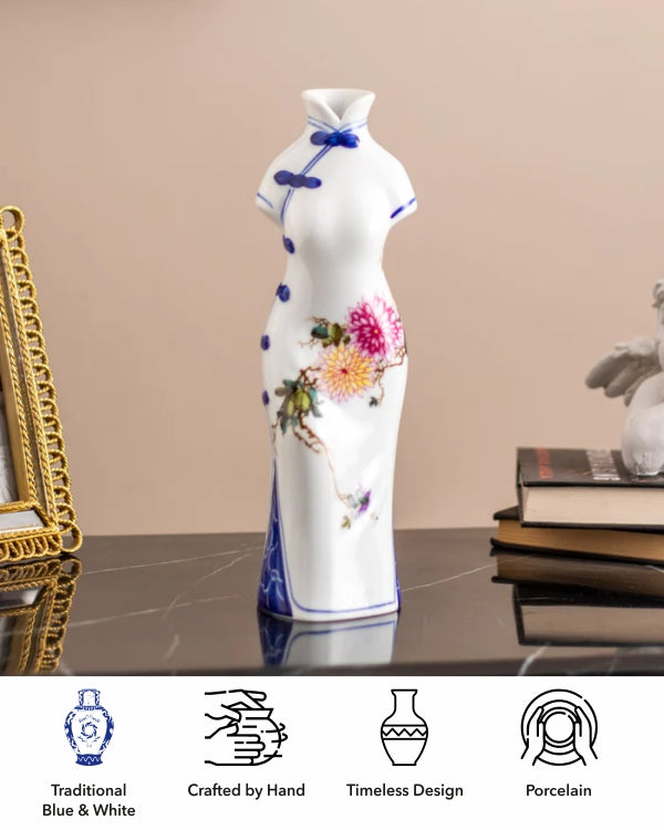 Blue & White Floral Lady Dress Vase - Large