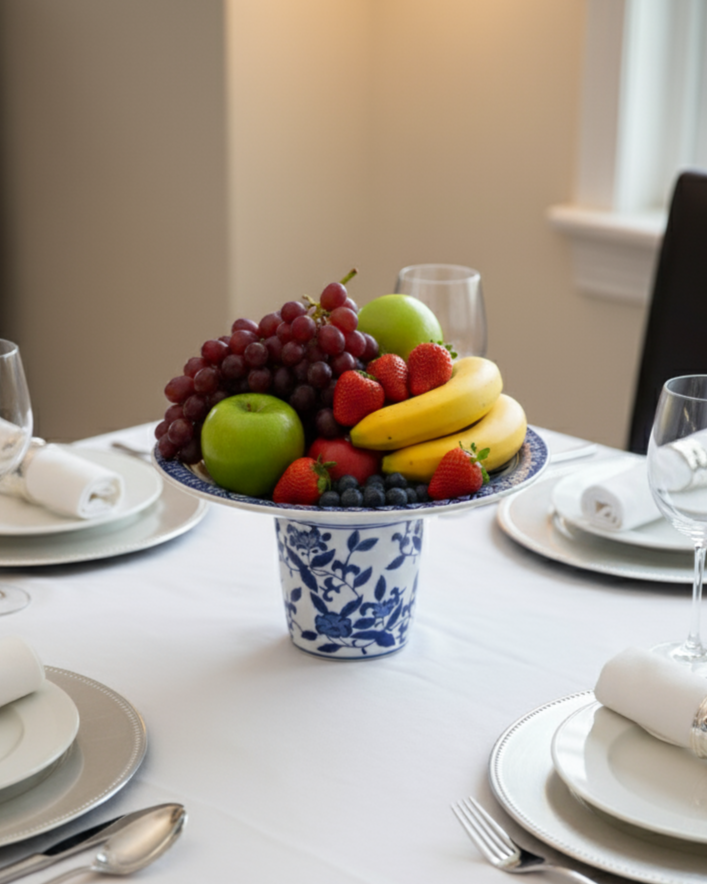 Royal Blue Floral Pedestal Bowl - Large