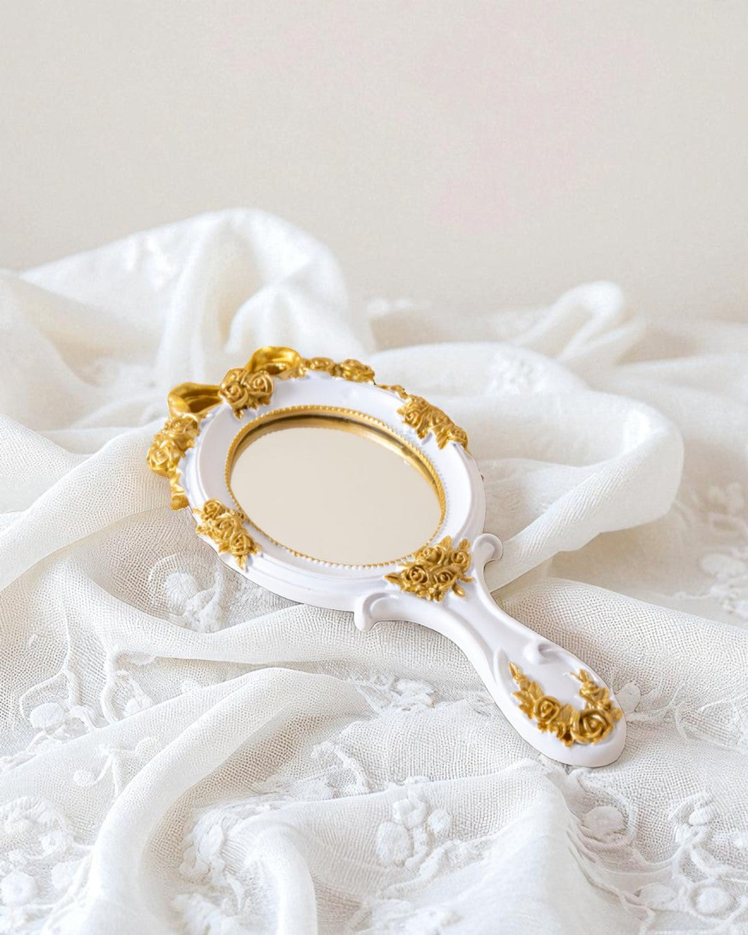 Vintage Aqua Floral Hand Mirror - White 