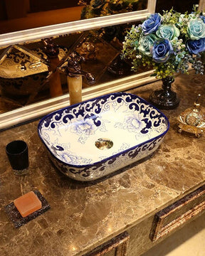 Peony Blue & White Porcelain Counter Top Basin
