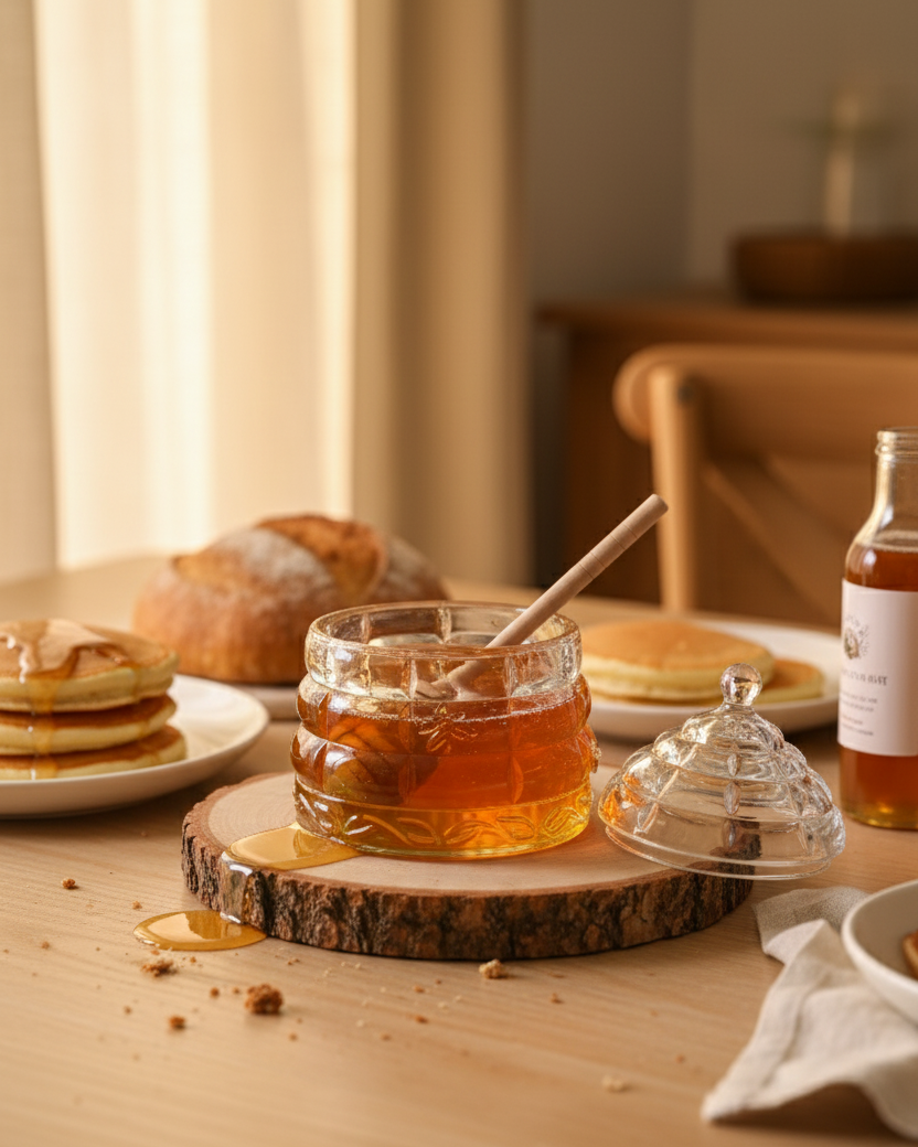 Honeycomb Glass Jar With Wooden Dipper 