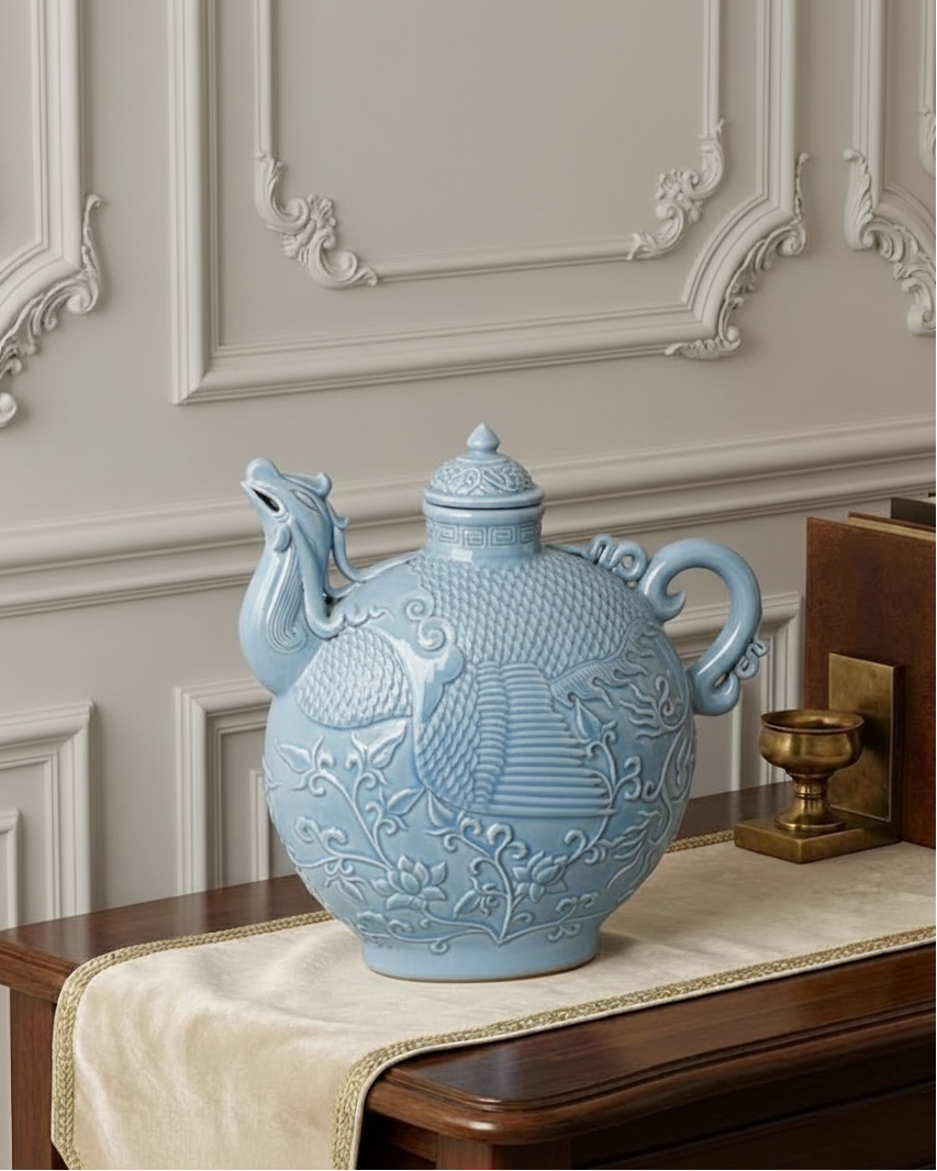 Celestial Blue Celadon Phoenix Lidded Moon Vase 