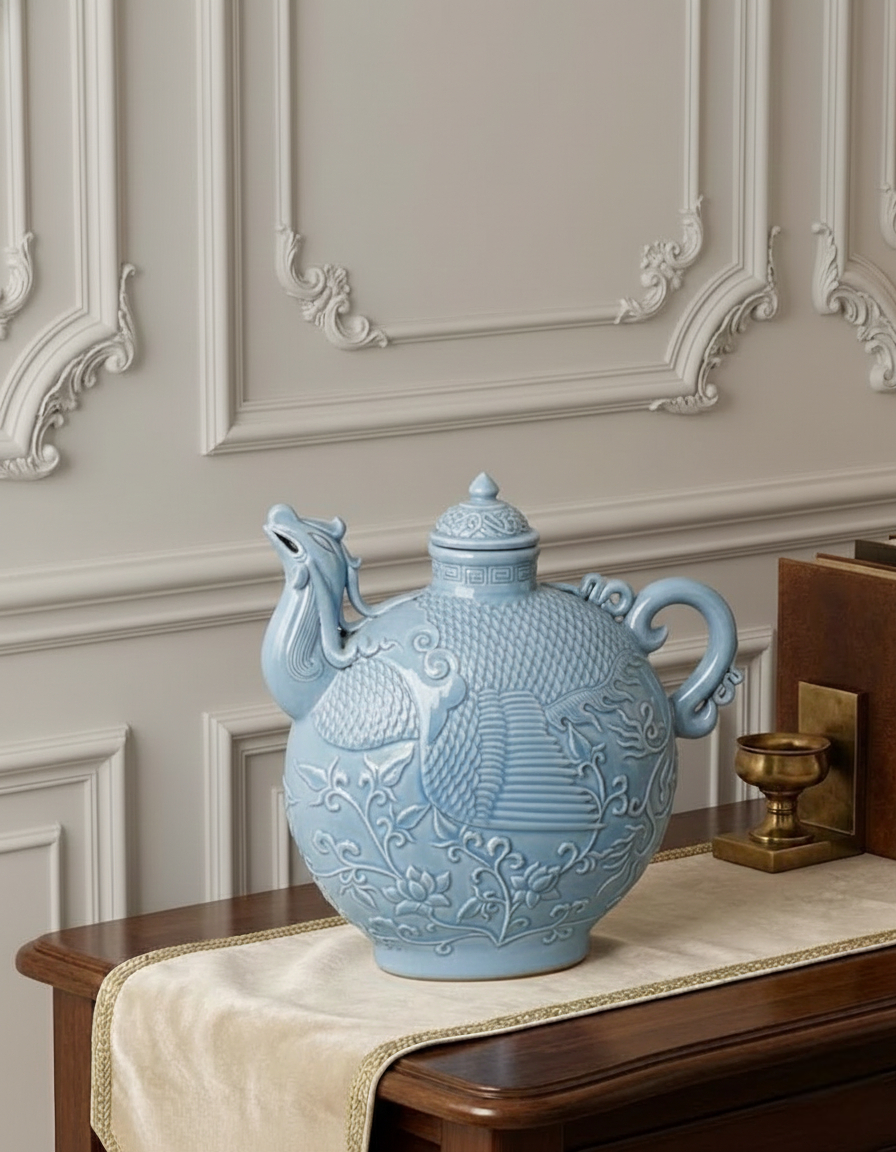 Celestial Blue Celadon Phoenix Lidded Moon Vase 