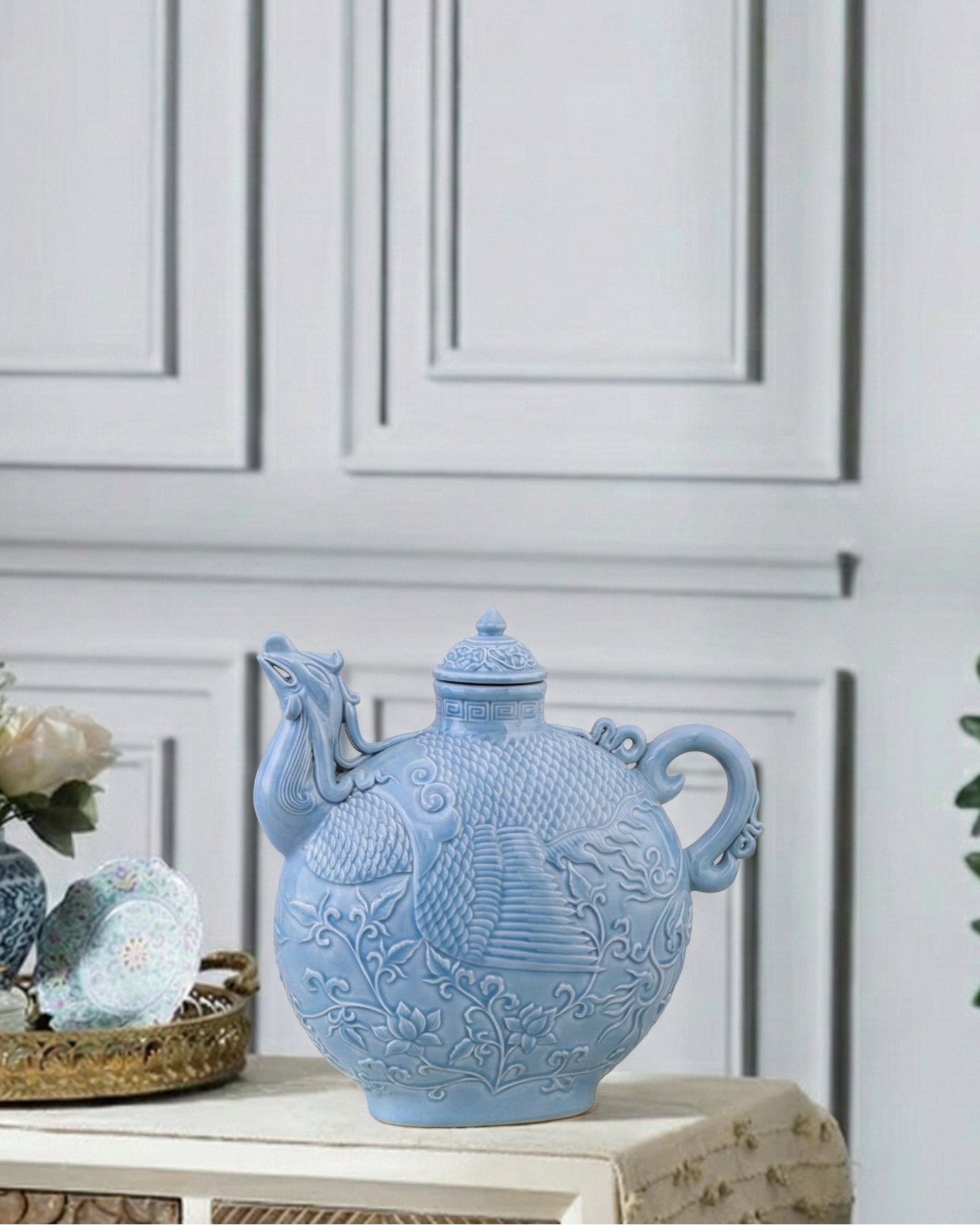 Celestial Blue Celadon Phoenix Lidded Moon Vase 