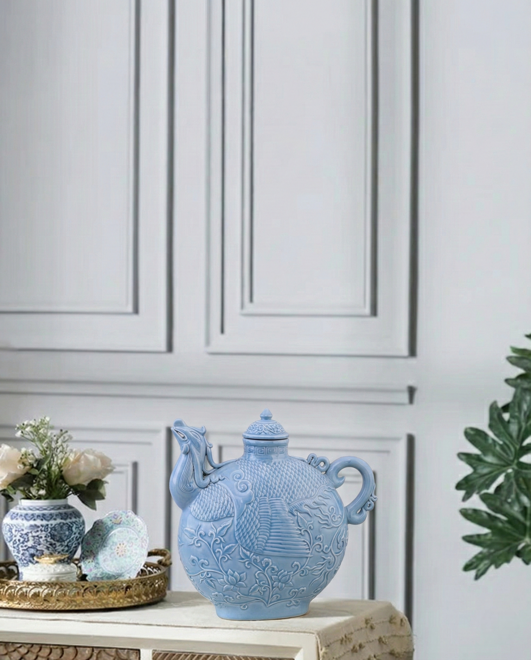 Celestial Blue Celadon Phoenix Lidded Moon Vase 