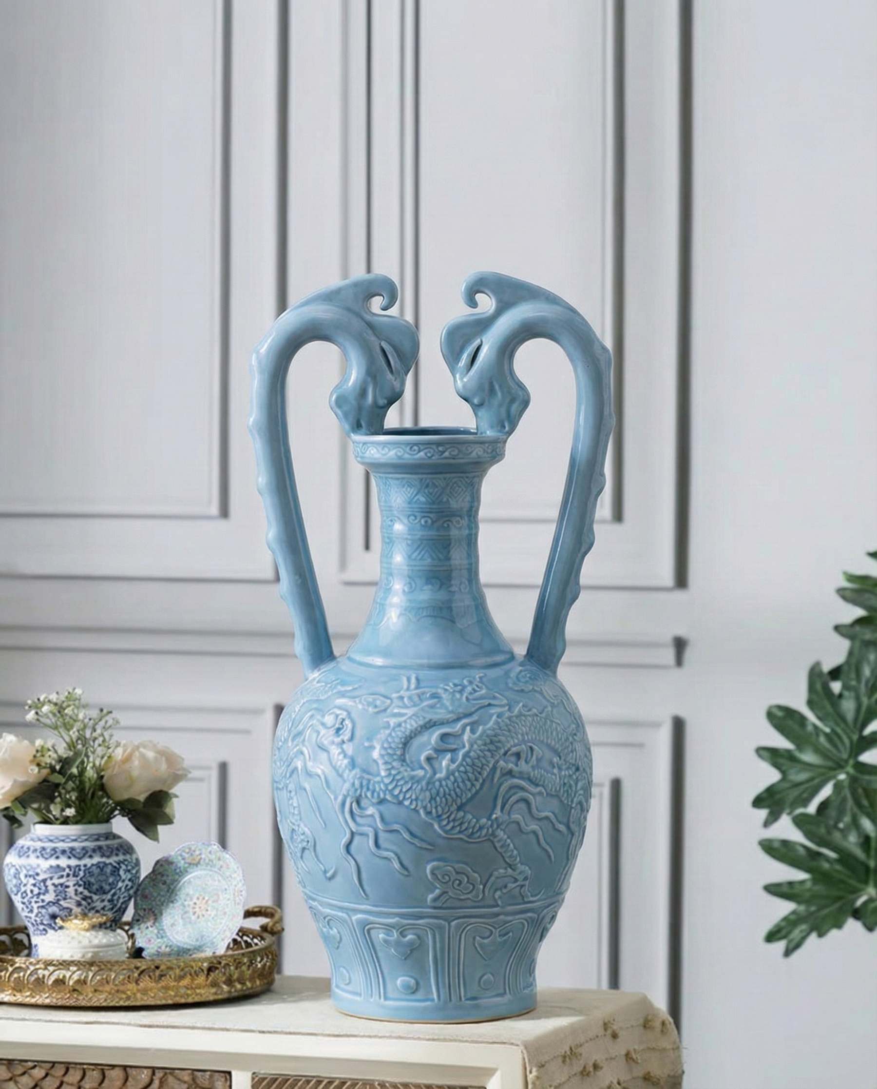 Celestial Blue Celadon Dragon Handle Vase 
