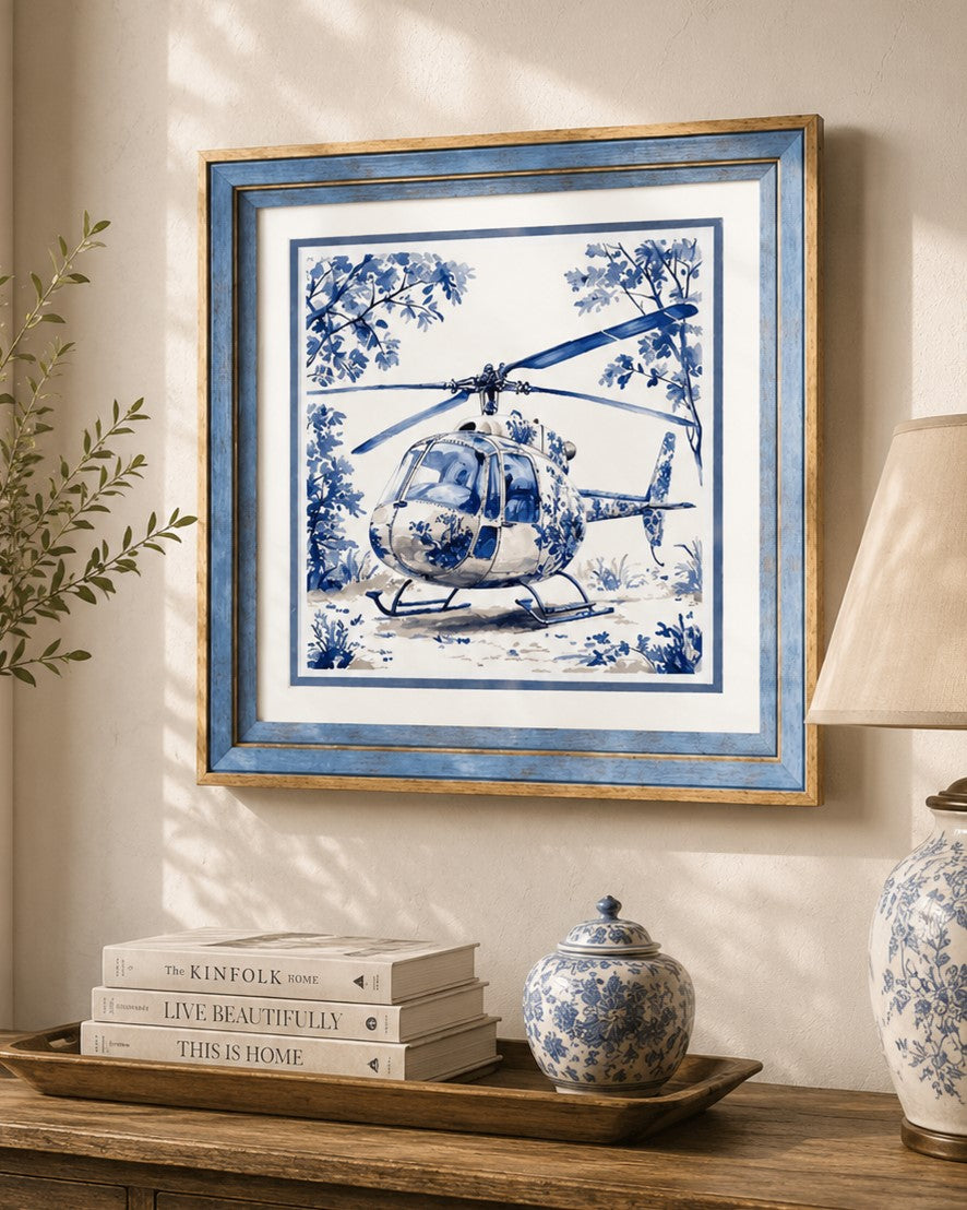 Blue & White Framed Wall art - 12"x12" 