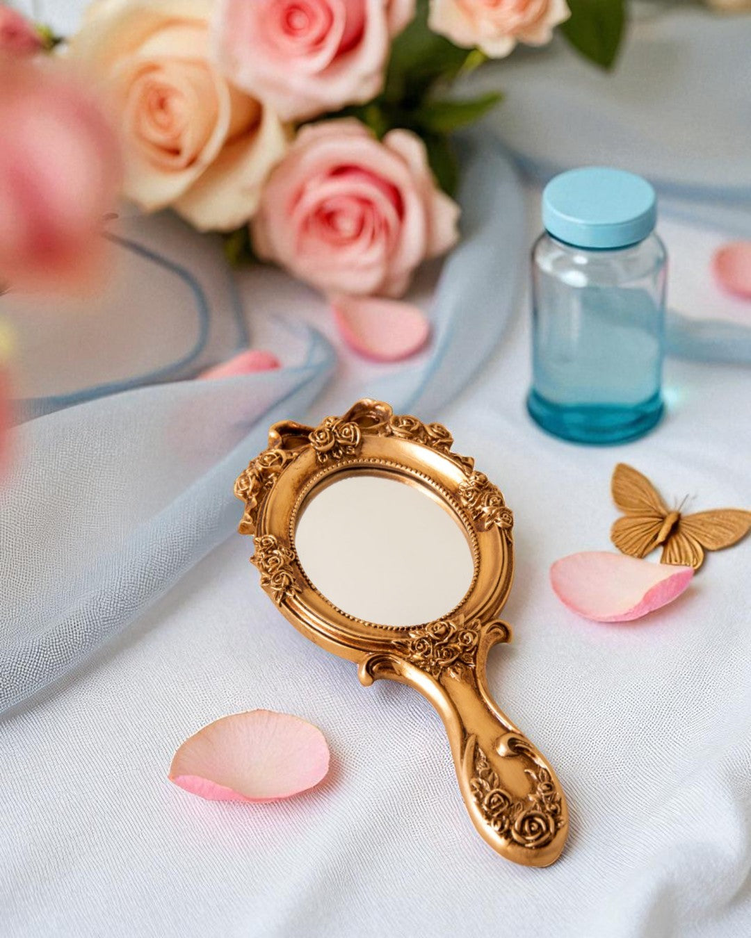 Vintage Aqua Floral Hand Mirror - Gold 
