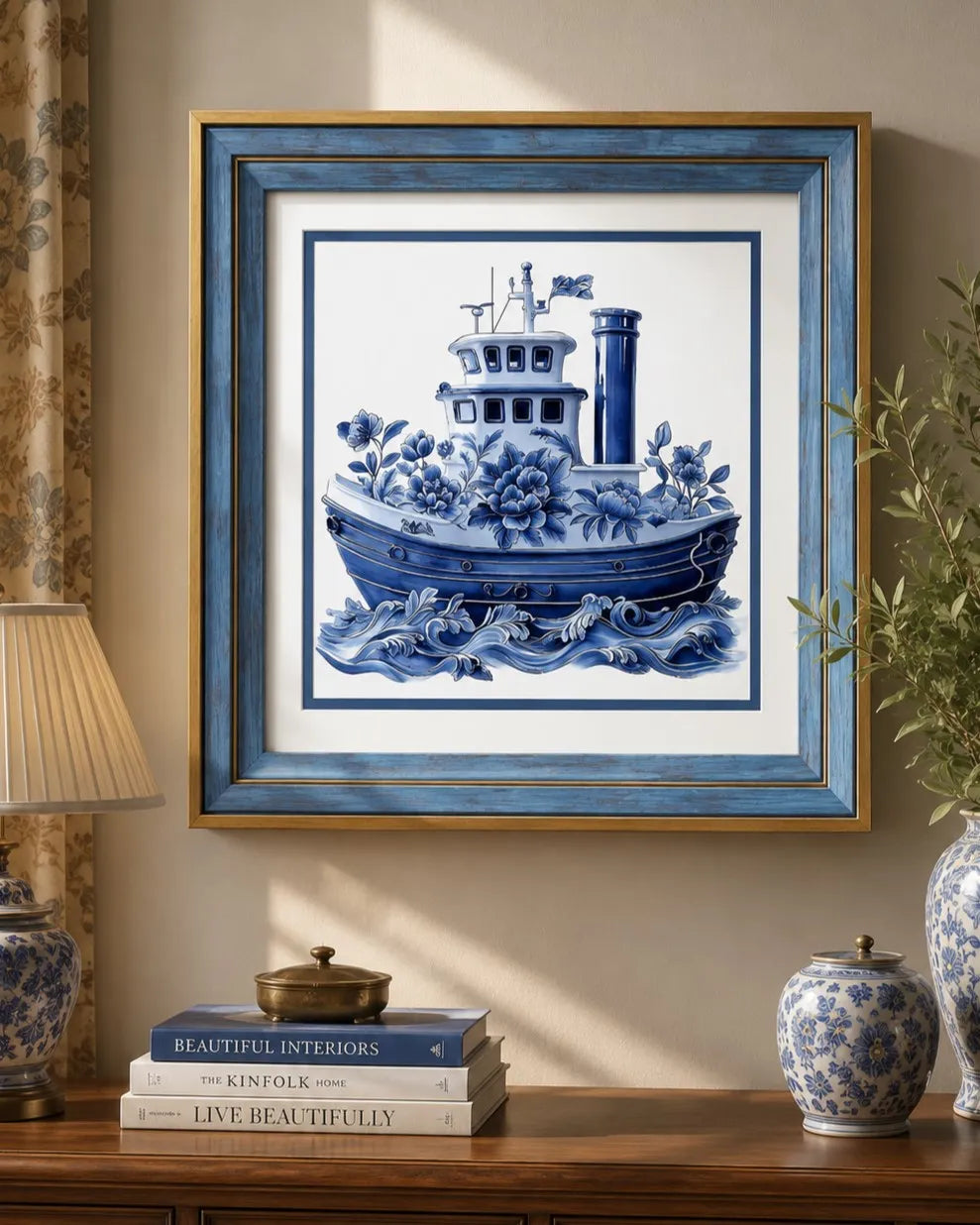 Blue & White Framed Wall art - 12"x12" 