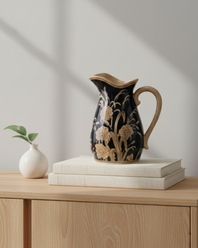 Midnight Blossom Pitcher Vase 