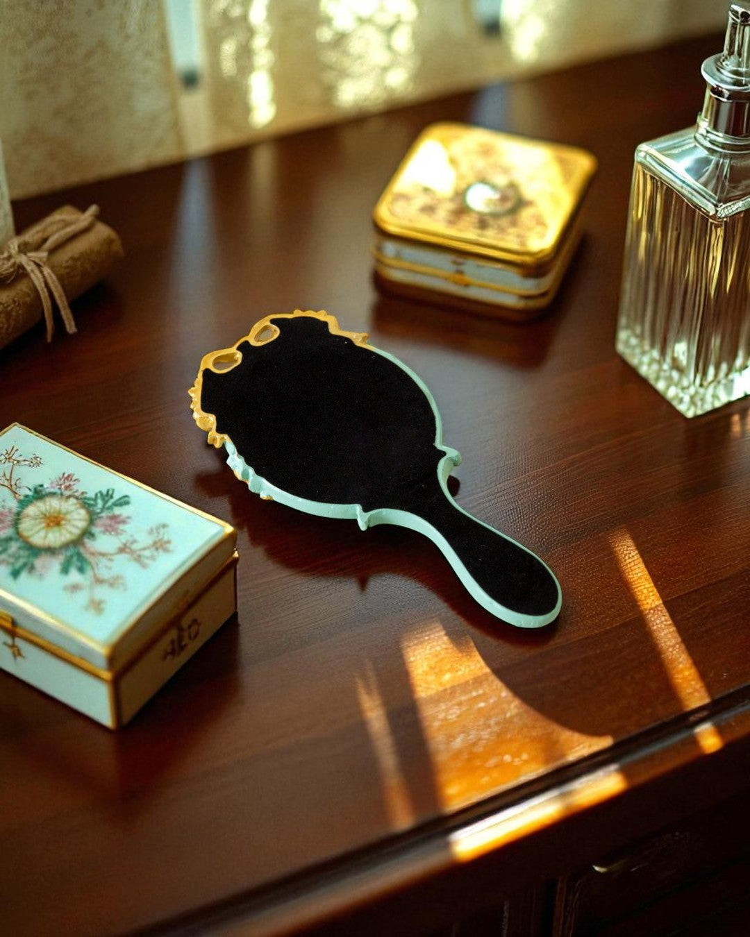 Vintage Aqua Floral Hand Mirror - Green 