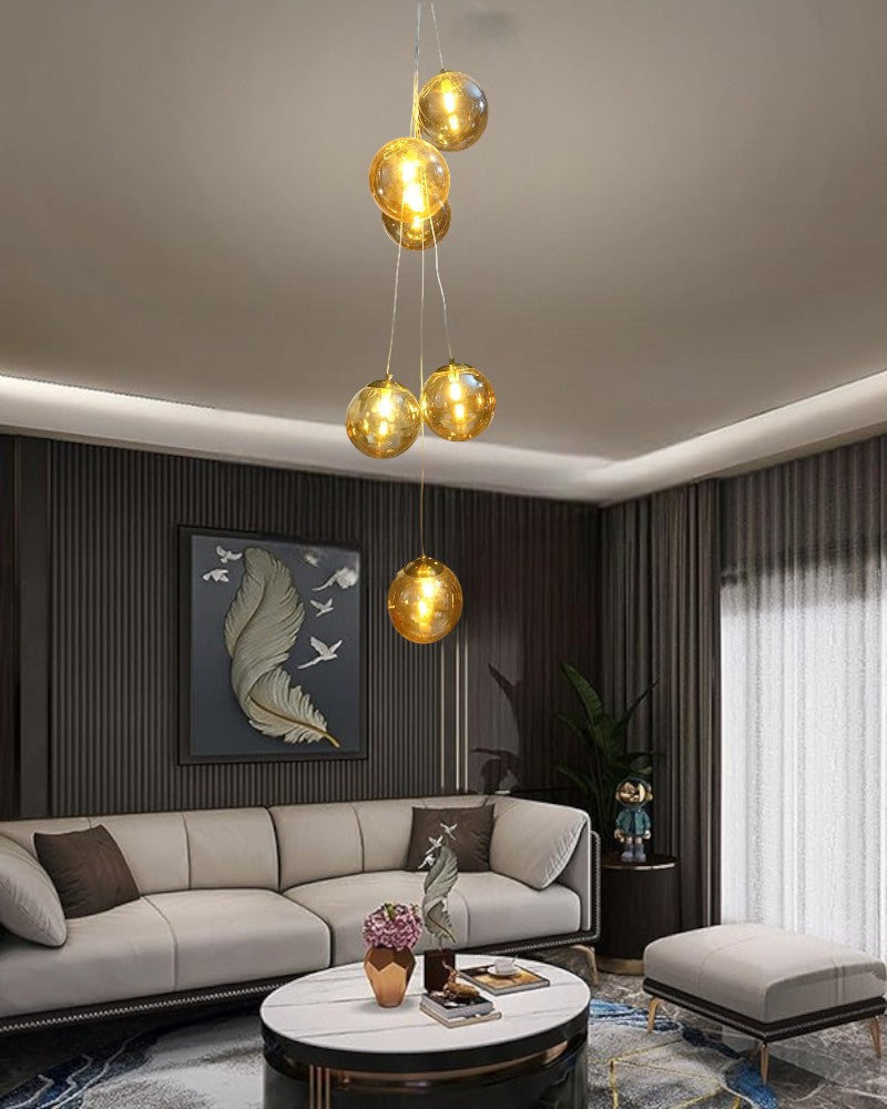 Amber Glass Globe Modern Chandelier - 5 Lights