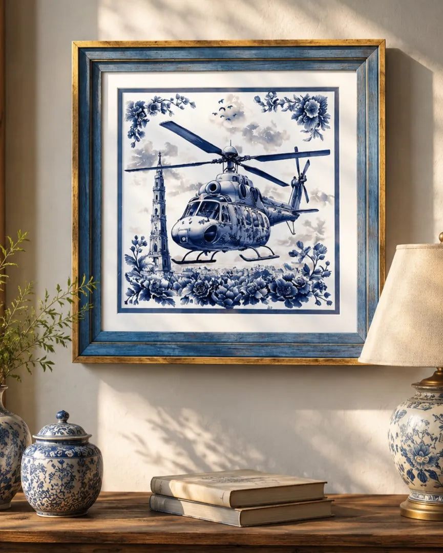 Blue & White Framed Wall art - 12"x12" 