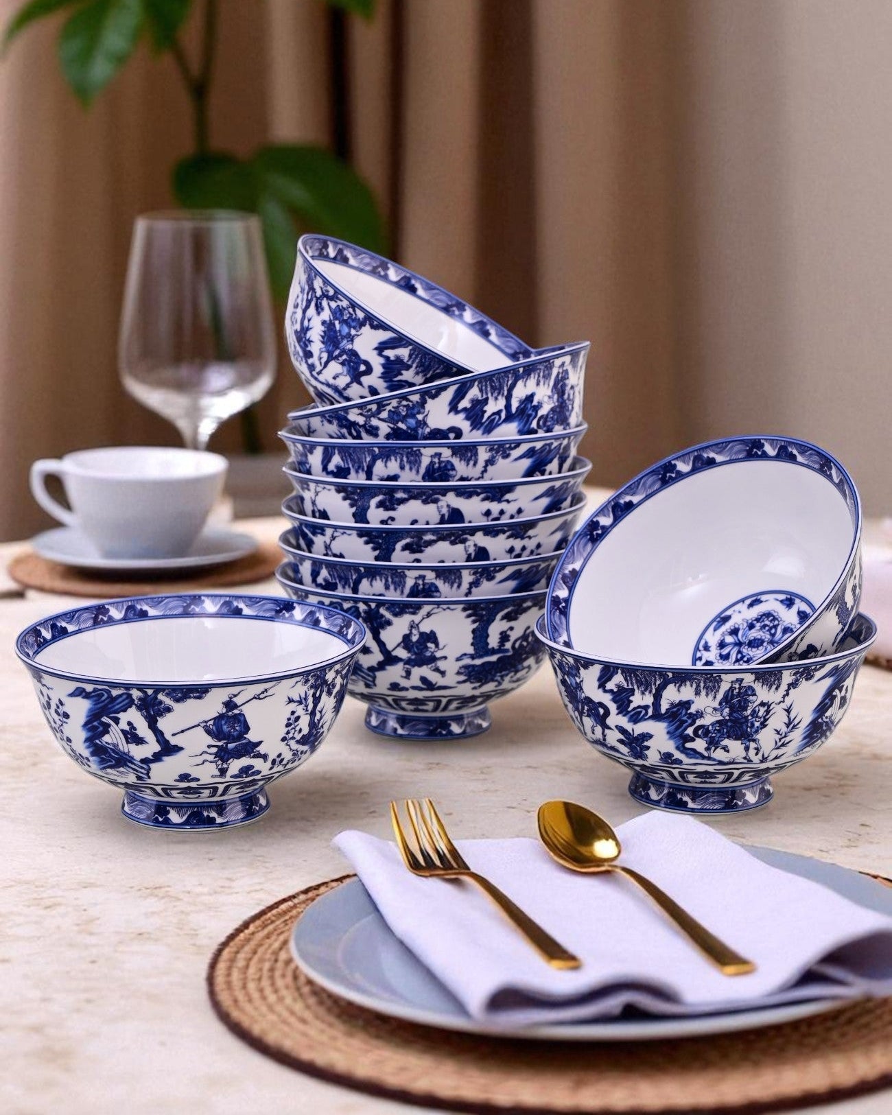 Blue & White Footed Ceramic Katori - Set Of 6 