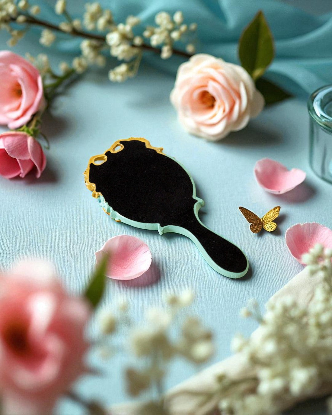 Vintage Aqua Floral Hand Mirror - Green 