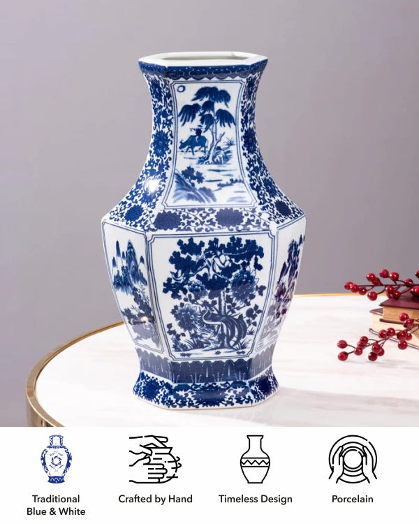 'Imperial Landscape' Blue & White Porcelain Vase - The Decor Kart
