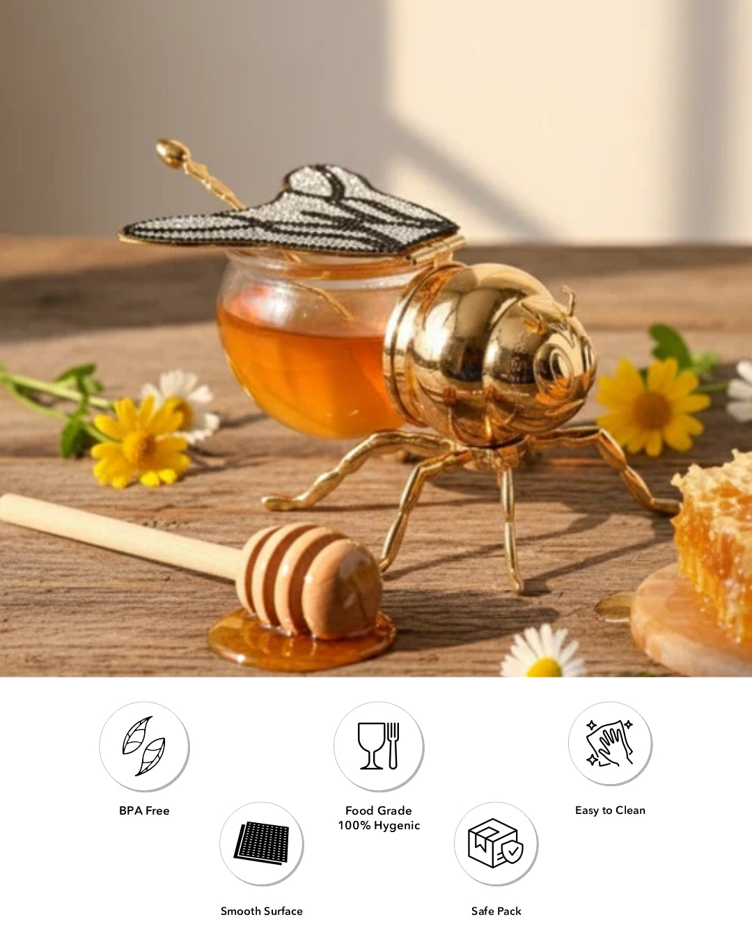 HoneyBee Honey Pot With Spoon '200 ML' - Black & White 