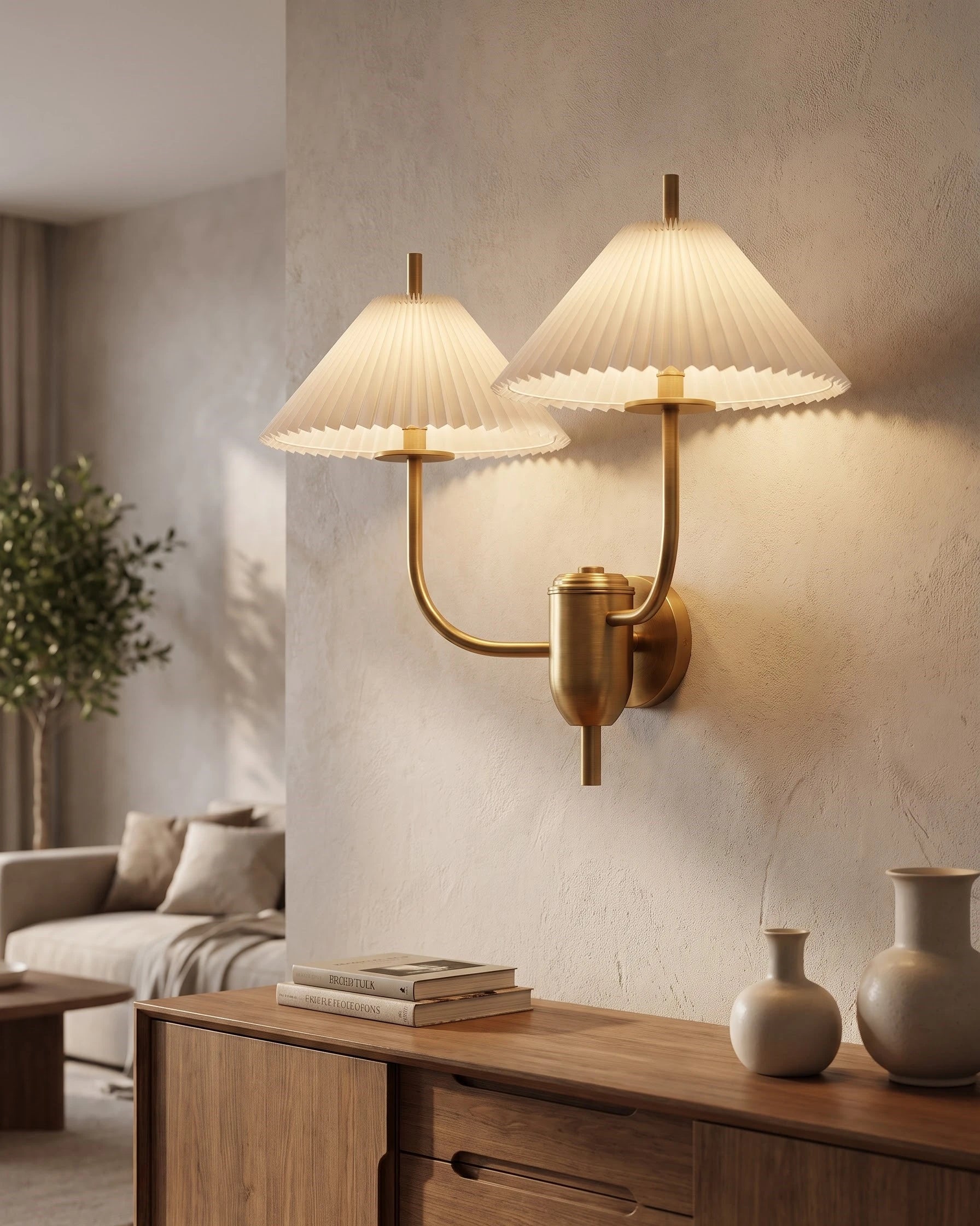 Twin Arm Pleated Wall Sconce - White 