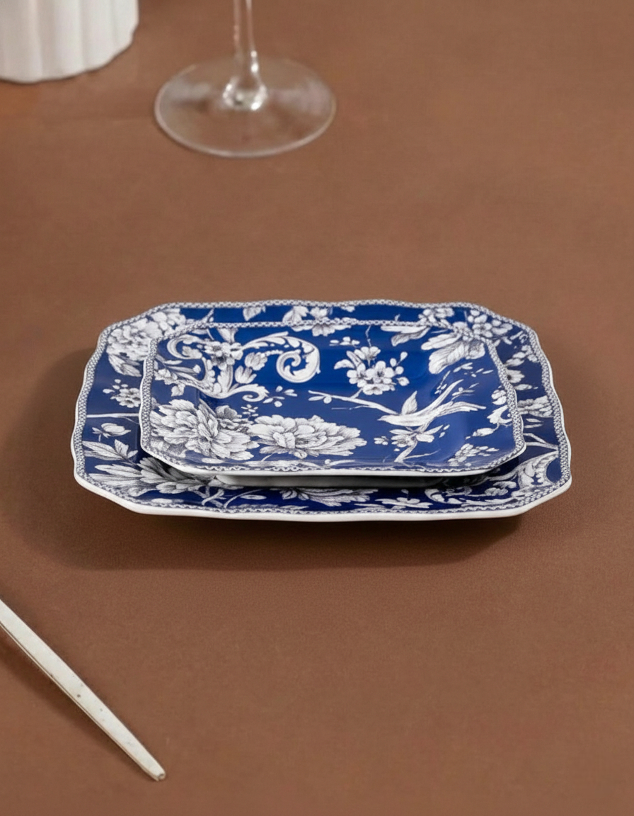 Royal Blue Floral Square Quater Plate 