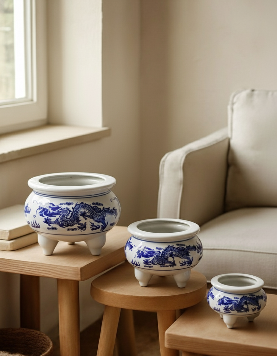 Blue & White Dragon Motif Tripod Planter - 12" 