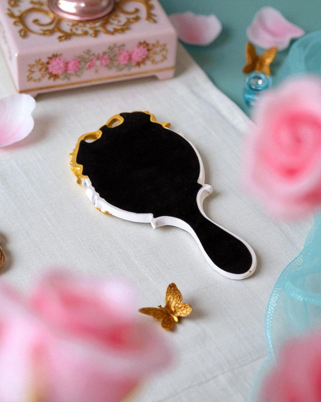 Vintage Aqua Floral Hand Mirror - White 