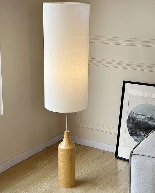 Tall Fabric Shade with Wooden Base Floor Lamp 