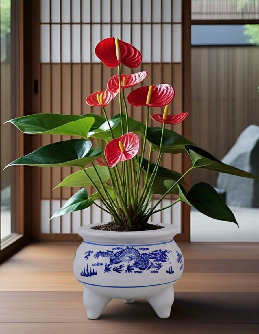 Blue & White Dragon Motif Tripod Planter - 12" 