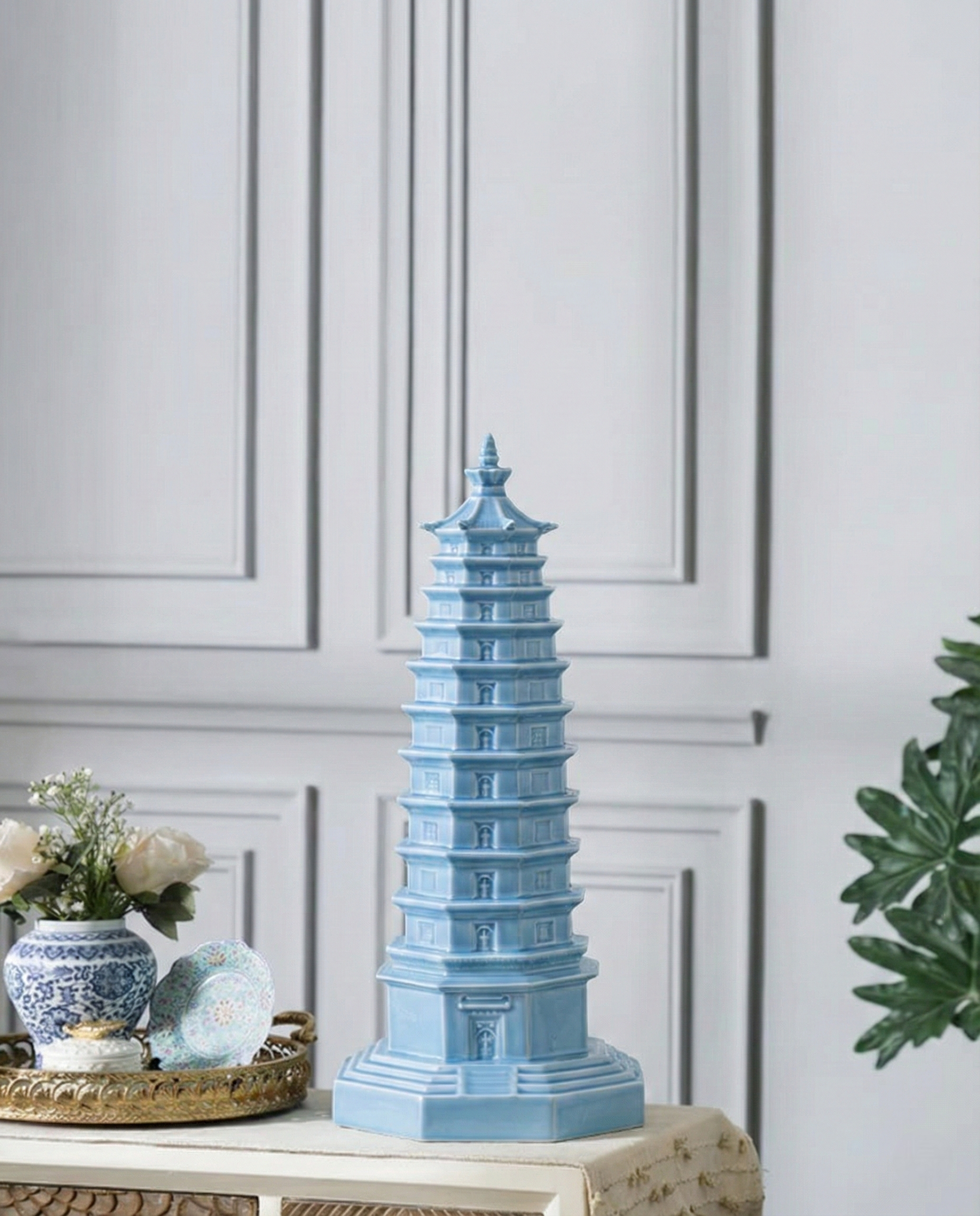 Celestial Blue Celadon Pagoda Sculpture 