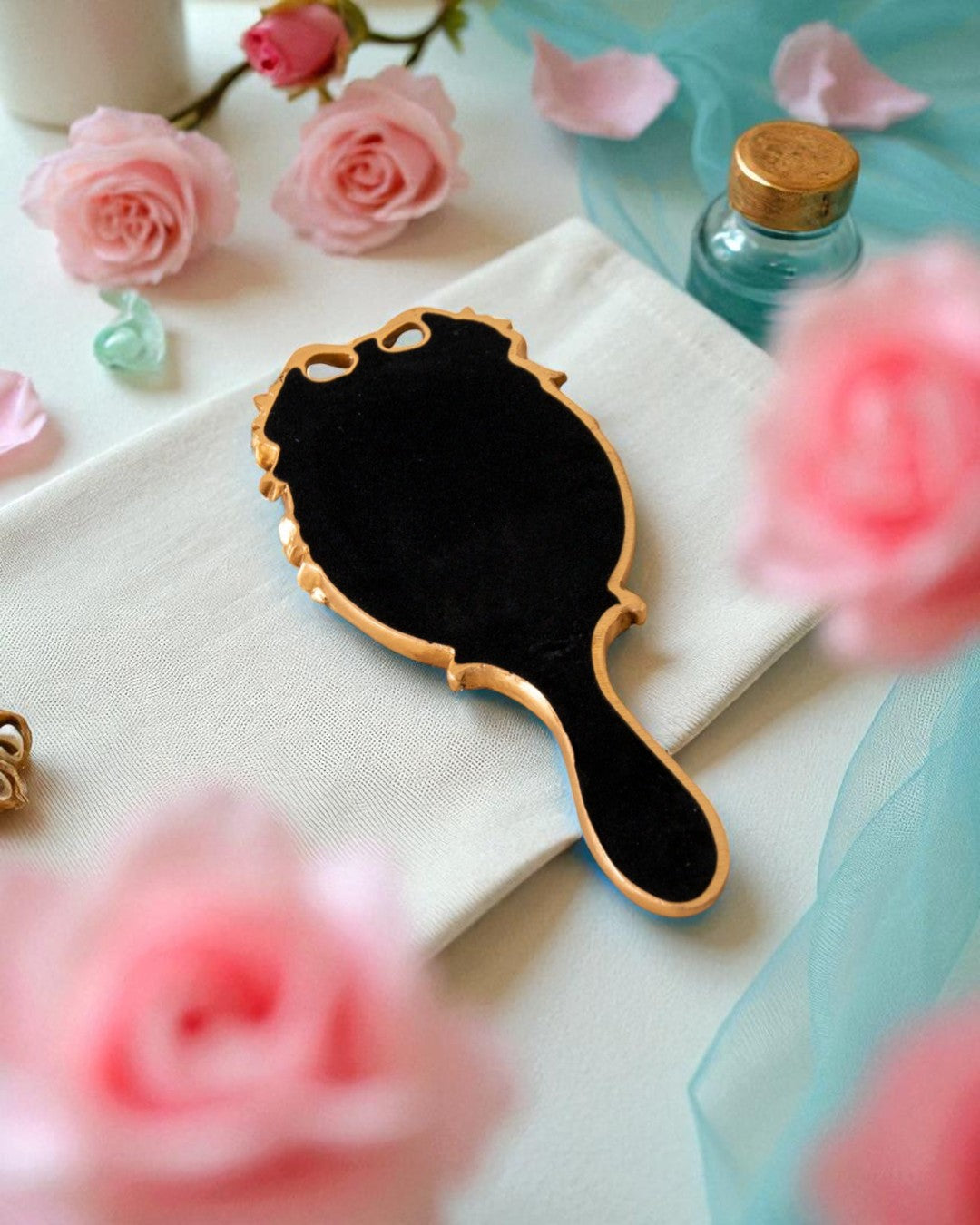 Vintage Aqua Floral Hand Mirror - Gold 