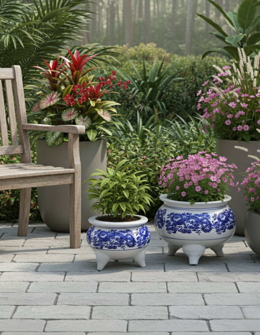 Blue & White Dragon Motif Tripod Planter - 8" 