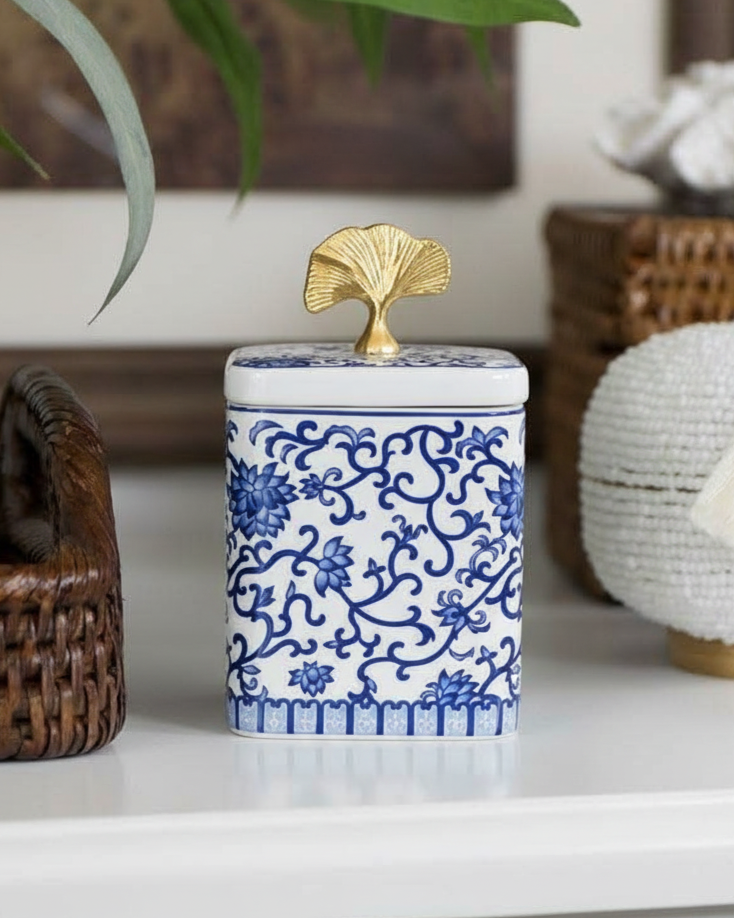 Blue & White Storage Jar With Ginkgo Lid - Set Of 3 