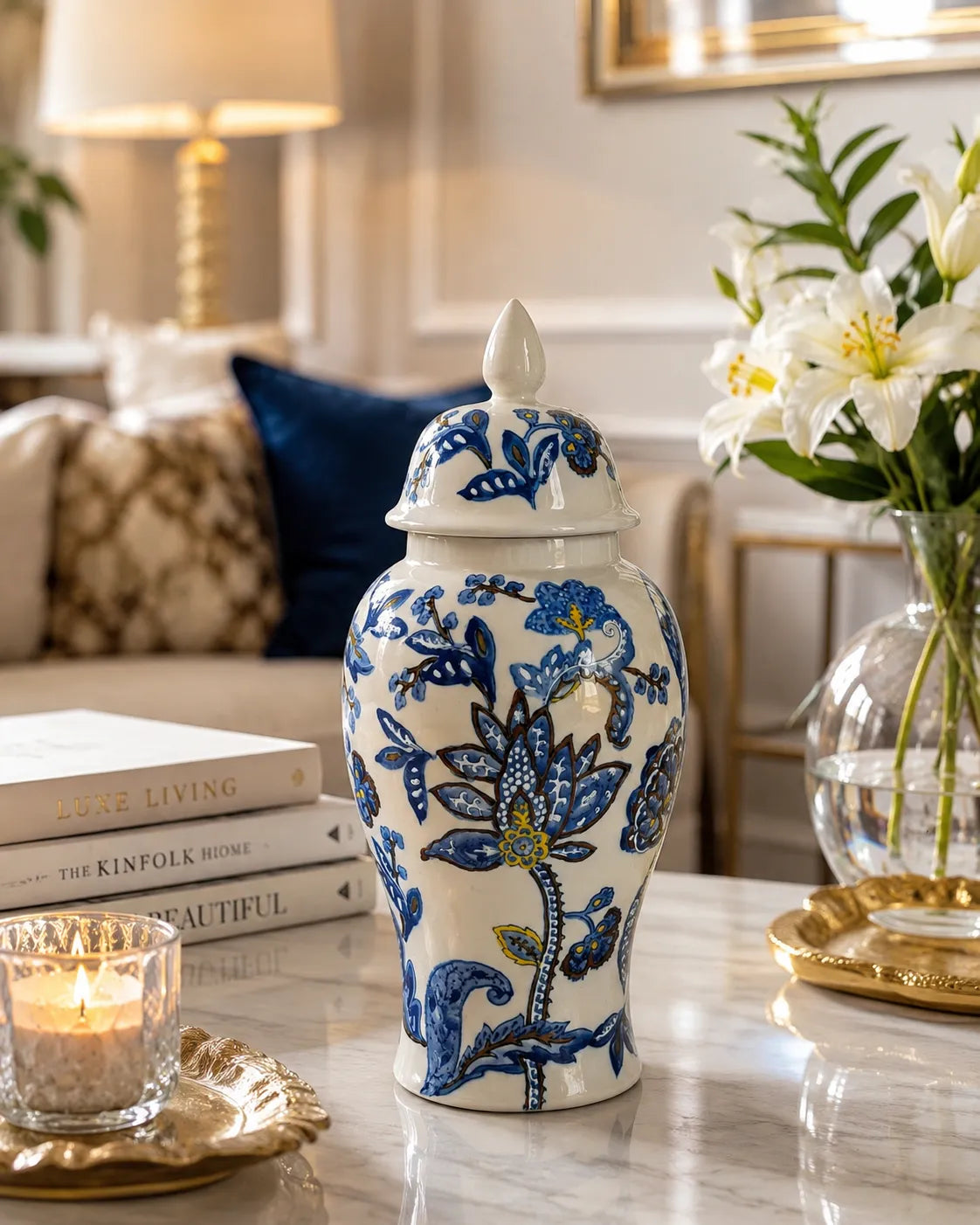 Ivory Floral Ceramic Temple Jar 
