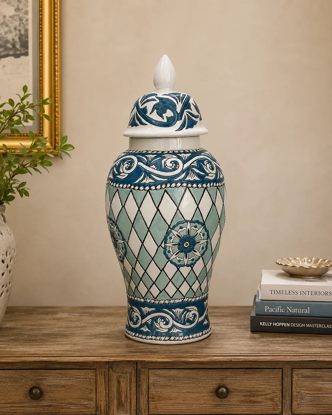 Trellis Medallion Ceramic Temple Jar 