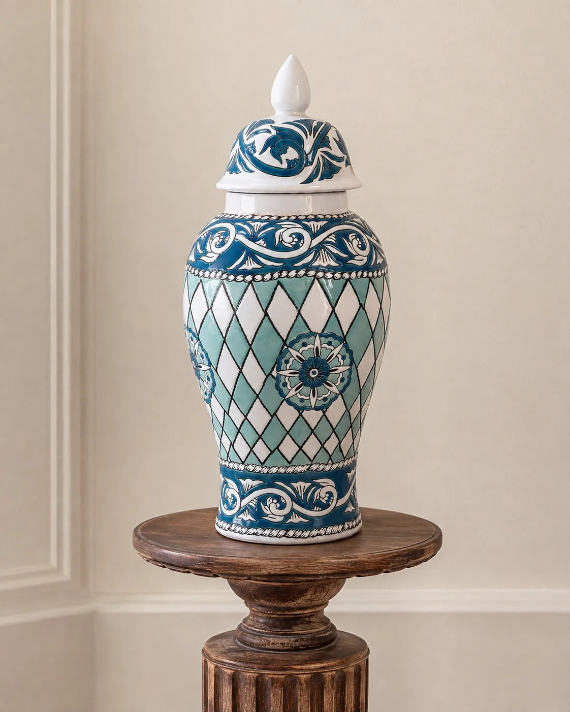Trellis Medallion Ceramic Temple Jar 