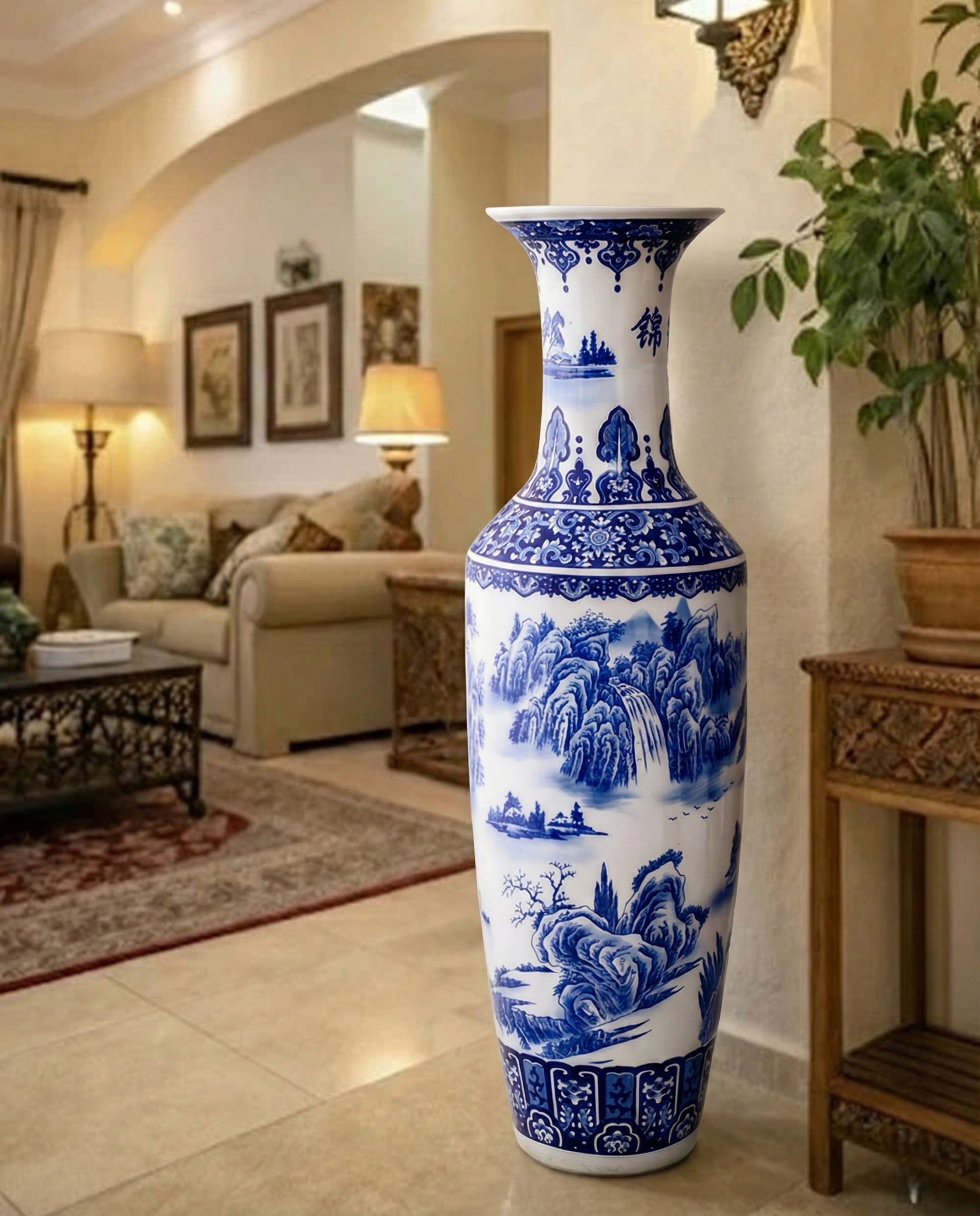 Majesty of Mountains Blue & White Tall Floor Vase - 125 cm 