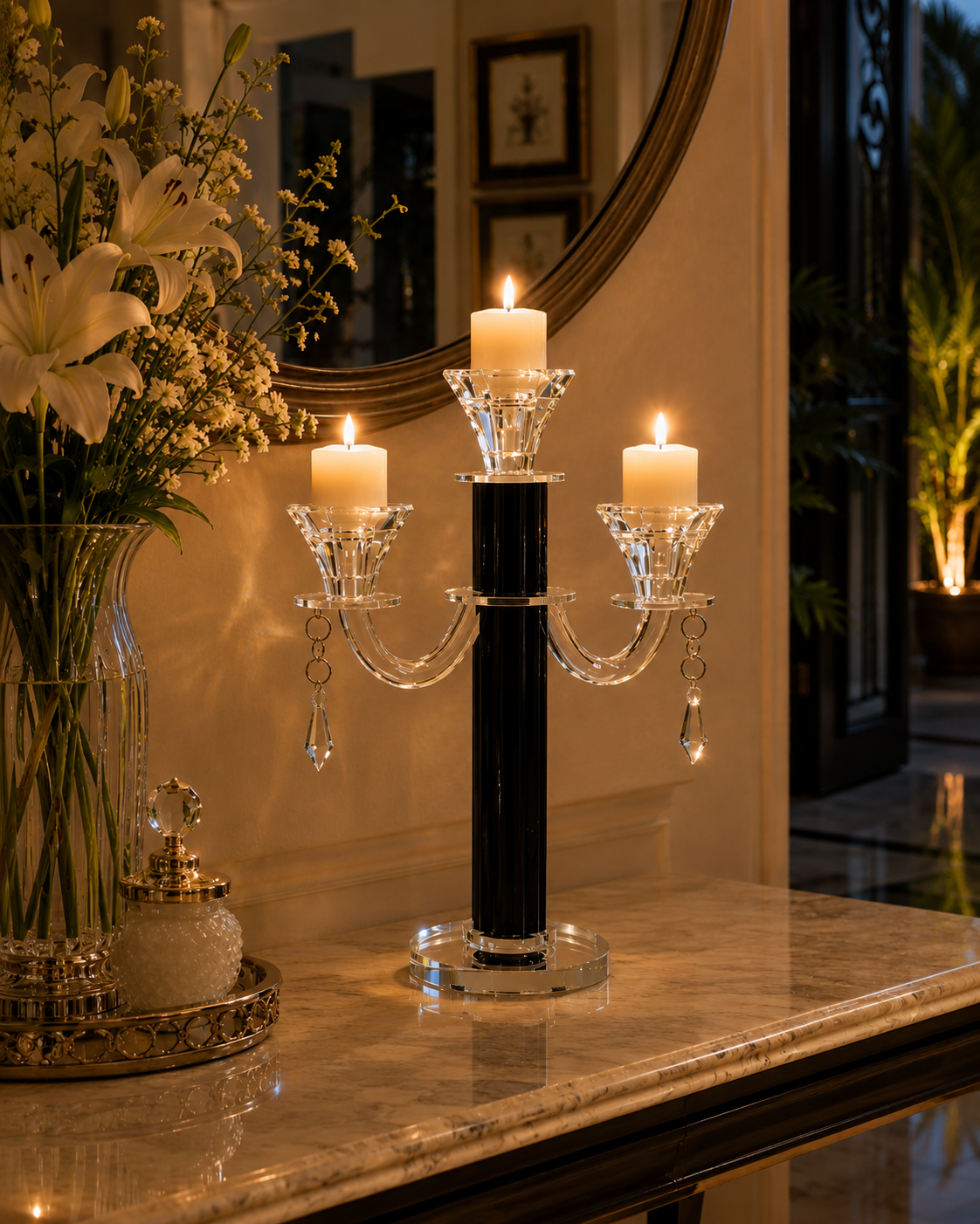 Black Radiant 3-Arms Crystal Candle Stand 