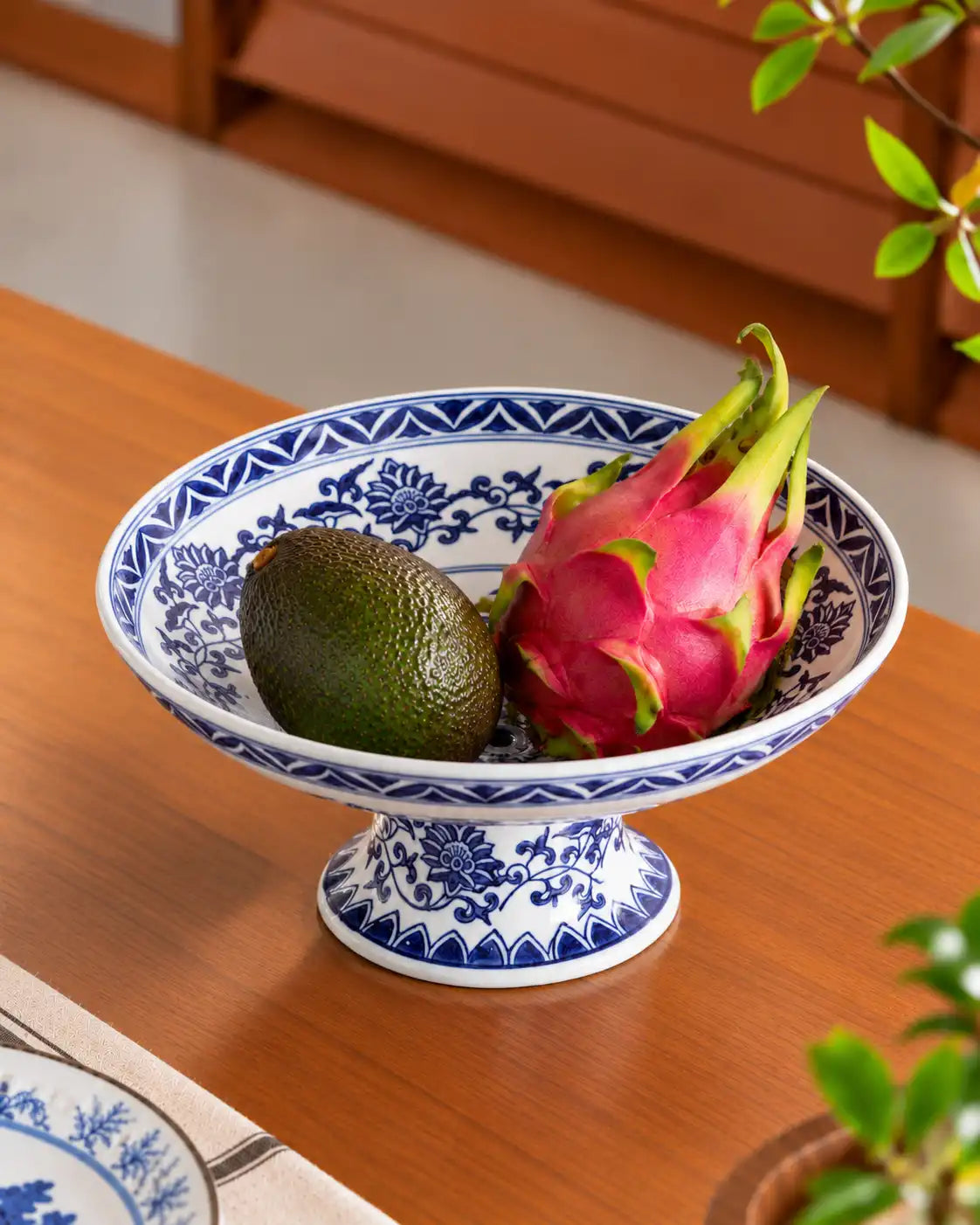 Peony Chinoiserie Traditional Blue & White Footed Bowl - Large