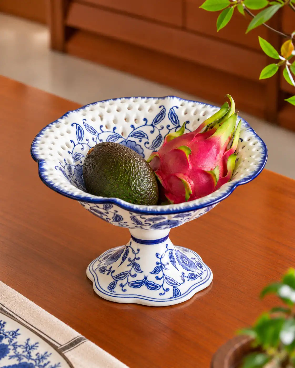 Blossom Pierced Blue & White Hand-Painted Footed Bowl - Small