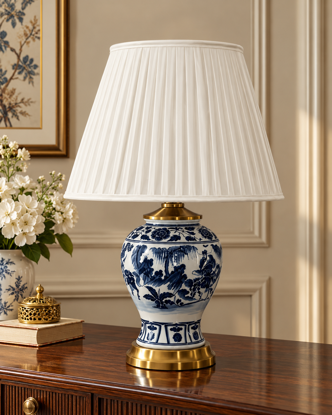 Blue and White Floral Ceramic Table Lamp