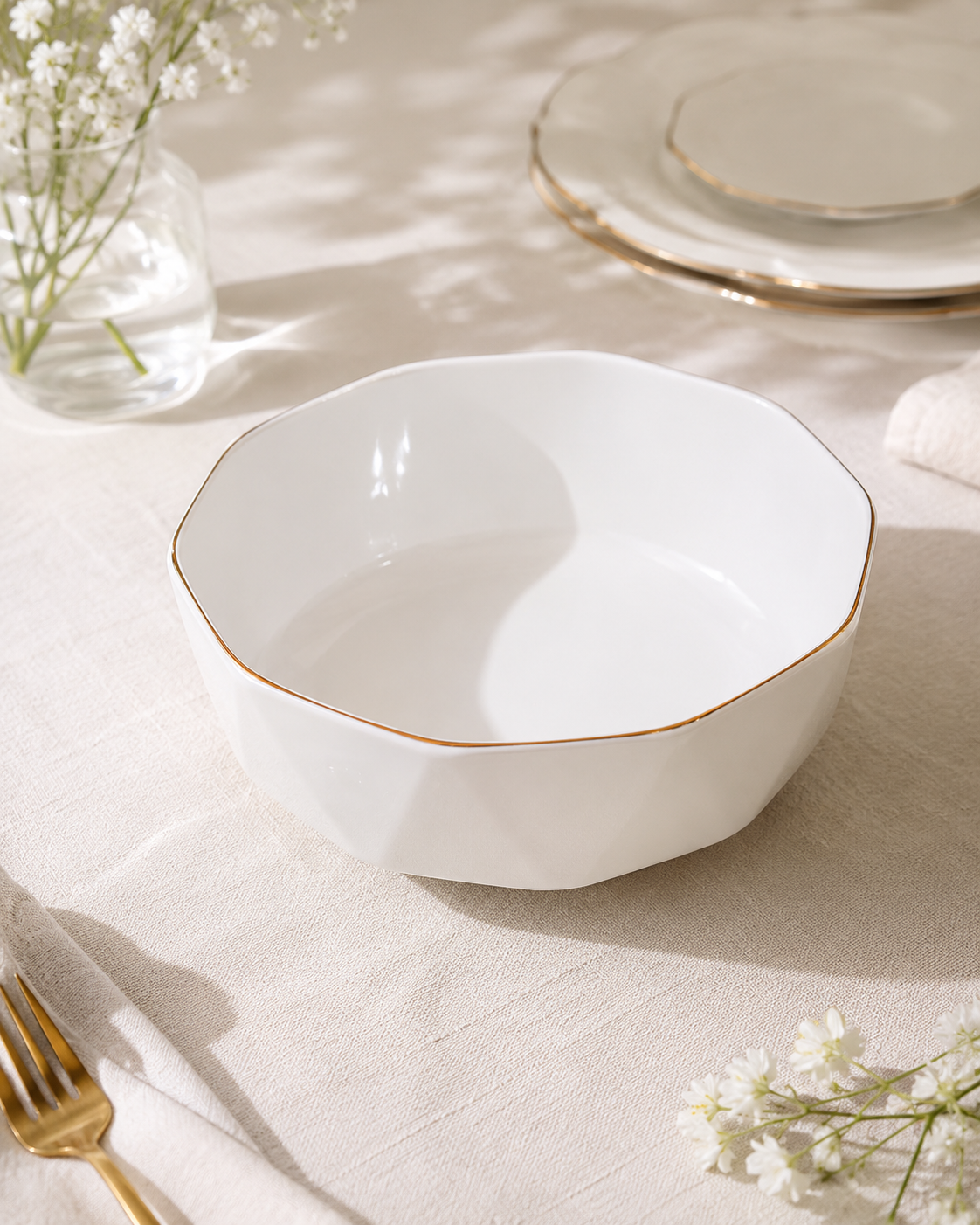 Diamond Cut Golden Edge Serving Bowl - White