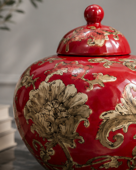 Crimson Bloom Decorative Jar 