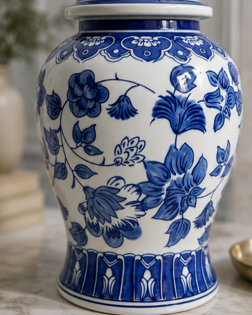 Blue Floral Bloom Temple Jar 